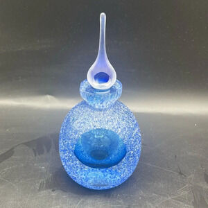Saks Fifth Avenue Crystal Art Glass Perfume Bottle Blue Somerso Textured 6" Tall